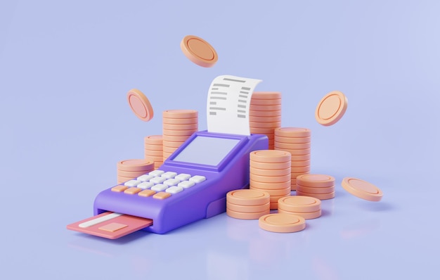 Ilustración de renderizado 3d de terminal pos con recibo de tarjeta de crédito y pila de monedas Concepto de pago de terminal pos compras en línea pago de facturas electrónicas transacciones de dinero en línea Lector de tarjetas de crédito