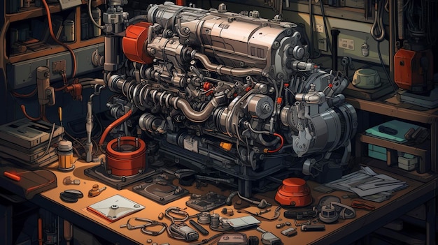 Ilustración de reparación y mantenimiento del motor