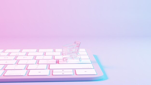 Esta ilustración representa un carrito de compras colocado encima de un fondo de teclado que fusiona los conceptos de compras en línea y tecnología digital