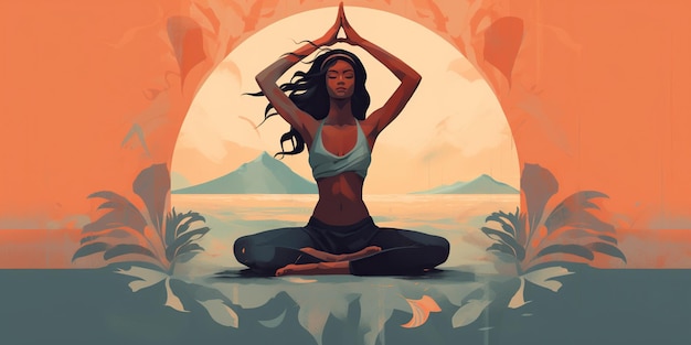 Una ilustración representa a una joven serena practicando yoga con gracia, su cuerpo formando poses elegantes que emanan tranquilidad y paz interior IA generativa