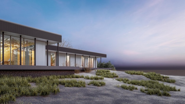 Ilustración de representación 3d arquitectónica del diseño moderno de la casa mínima en la vista natural de la pendiente de la colina