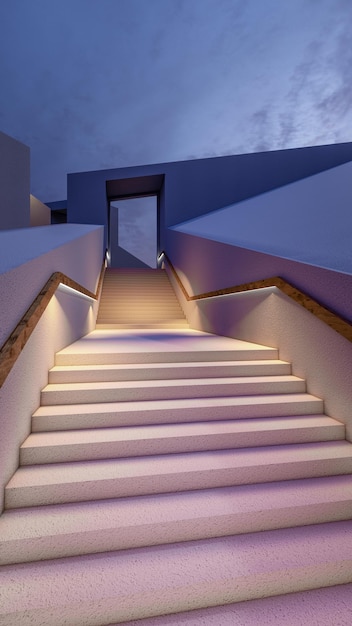 Ilustración de representación 3d de arquitectura de casa mínima con luces en las escaleras al atardecer