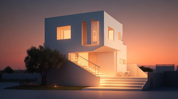 Ilustración de representación 3d de arquitectura de casa mínima con luces en las escaleras al atardecer