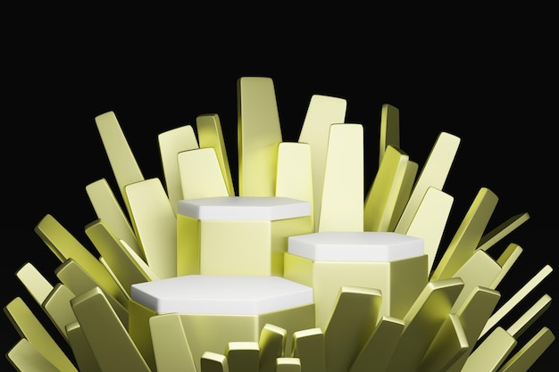 Foto ilustración de representación 3d del escaparate de exhibición de escenario de podio entre la barra dorada para la colocación de productos en un diseño mínimo