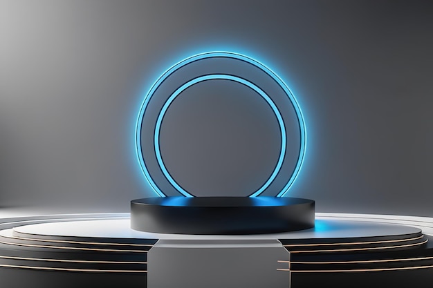 Ilustración de representación 3d escenario de exhibición de podio futurista abstracto con luz de neón generada por IA