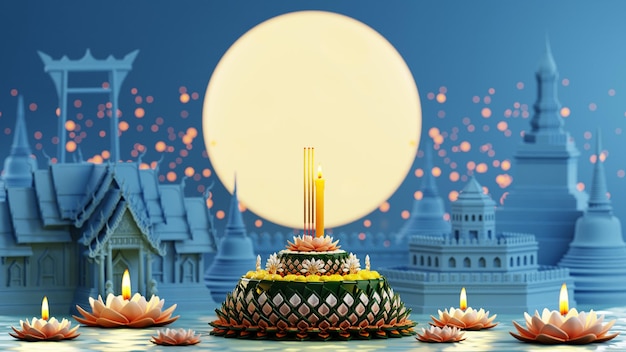 Ilustración de representación 3d Festival Loy Krathong y festival Yi Peng en Tailandia Krathong de hojas de plátano, flores, velas y varitas de incienso, río de luna llena y color de fondo nocturno