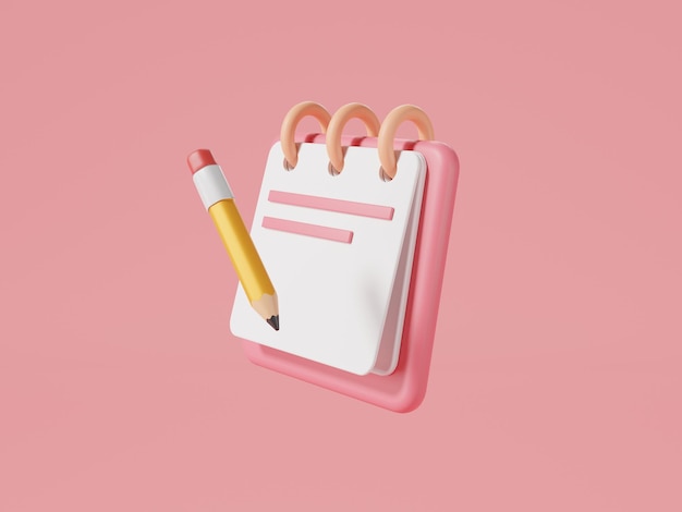 Ilustración de representación 3d del icono del libro de notas y lápiz aislado sobre fondo rosa Recordatorio o lista de verificación y concepto de educación tomar notas Nota adhesiva Documento del portapapeles tomar notas Estilo mínimo