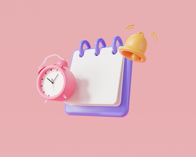 Ilustración de representación 3d del icono del libro de notas con notificación de campana y alarma de reloj aislado en el recordatorio de fondo rosa en la notificación de recordatorio de calendario Concepto de notificación de recordatorio de nota adhesiva