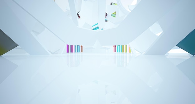 Ilustración y representación 3D interior gótica de gafas degradadas blancas y de colores abstractas