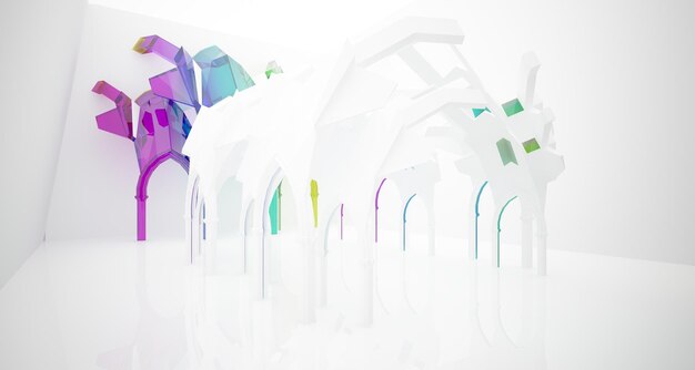 Ilustración y representación 3D interior gótica de gafas degradadas blancas y de colores abstractas