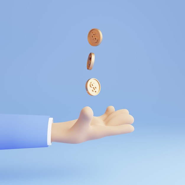 Ilustración de representación 3D Mano 3D sosteniendo una moneda de oro concepto de pago y pago en línea para ahorrar dinero
