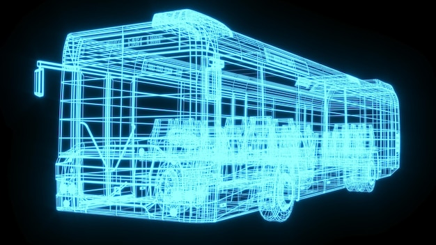 Ilustración de representación 3D Modelo de autobús holograma de neón brillante tecnología de espectáculo futurista