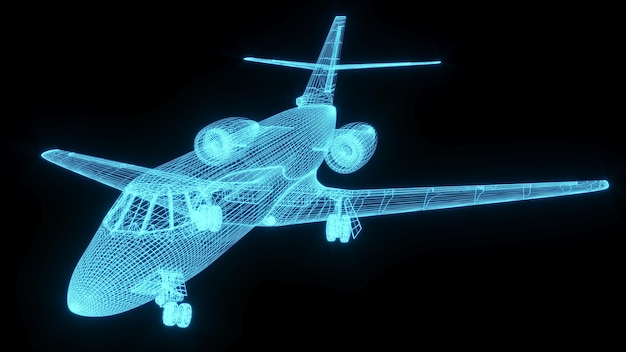 Ilustración de representación 3D modelo de avión holograma de neón brillante tecnología de espectáculo futurista