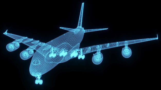 Ilustración de representación 3D modelo de avión holograma de neón brillante tecnología de espectáculo futurista