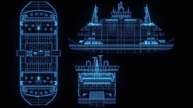 Ilustración de representación 3D modelo de barco holograma de neón brillante seguridad de tecnología de espectáculo futurista