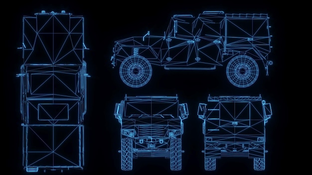 Ilustración de representación 3D modelo de camión militar holograma de neón brillante tecnología de espectáculo futurista