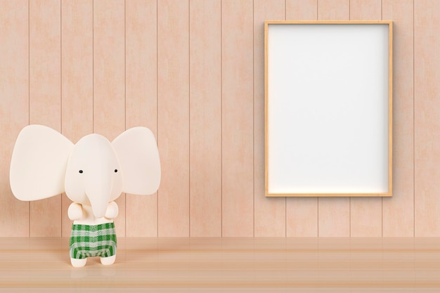 Foto ilustración de representación 3d del modelo de elefante de juguete en una habitación 3d con maqueta de marco de imagen