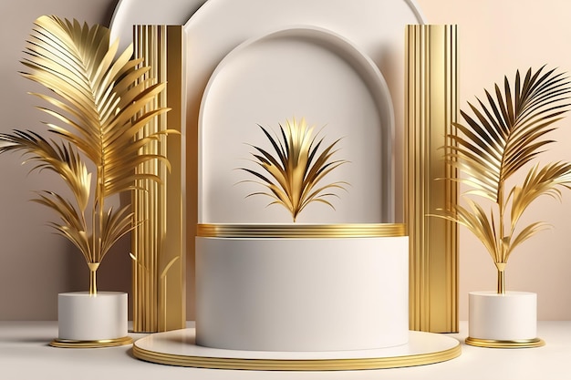 Ilustración de representación 3d Pedestal de lujo blanco y dorado con hojas de palma doradas generadas por IA