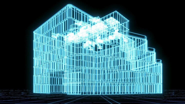 Foto ilustración de representación 3d plano de construcción holograma de neón brillante tecnología de espectáculo futurista