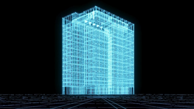 Ilustración de representación 3D Plano de construcción holograma de neón brillante tecnología de espectáculo futurista