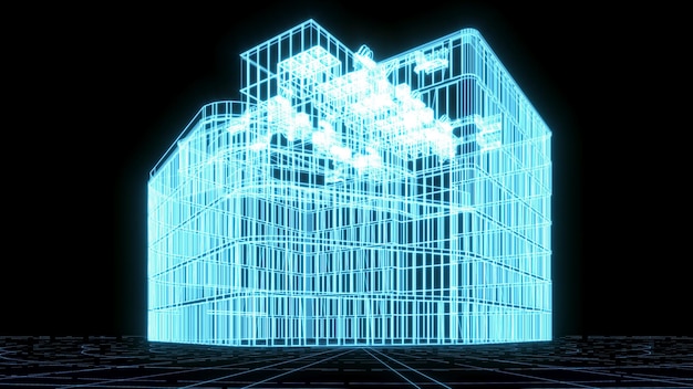 Foto ilustración de representación 3d plano de construcción holograma de neón brillante tecnología de espectáculo futurista