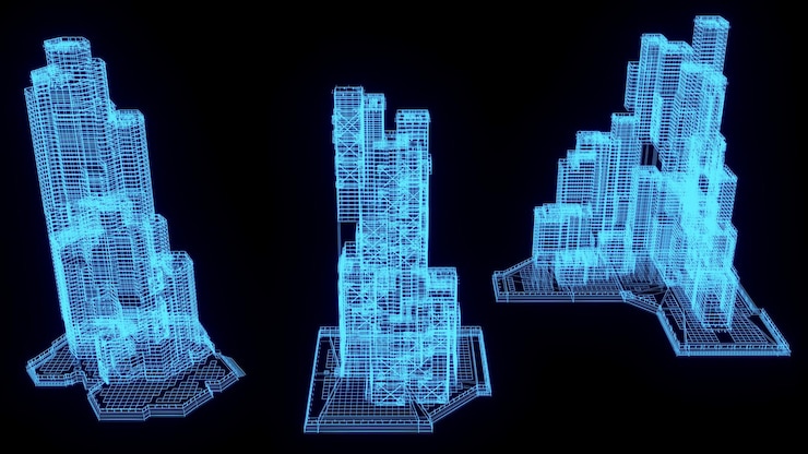 Foto ilustración de representación 3d plano de construcción holograma de neón brillante tecnología de espectáculo futurista
