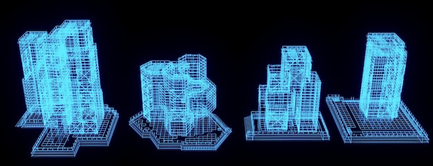 Ilustración de representación 3D Plano de construcción holograma de neón brillante tecnología de espectáculo futurista