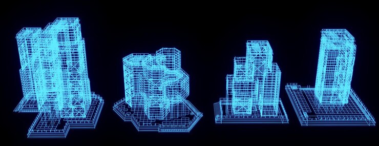 Foto ilustración de representación 3d plano de construcción holograma de neón brillante tecnología de espectáculo futurista