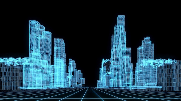 Ilustración de representación 3D Plano de construcción holograma de neón brillante tecnología de espectáculo futurista