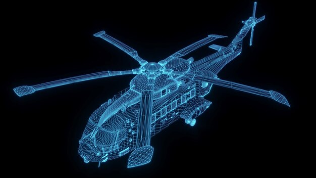 Ilustración de representación 3D Plano de helicóptero holograma de neón brillante futurista