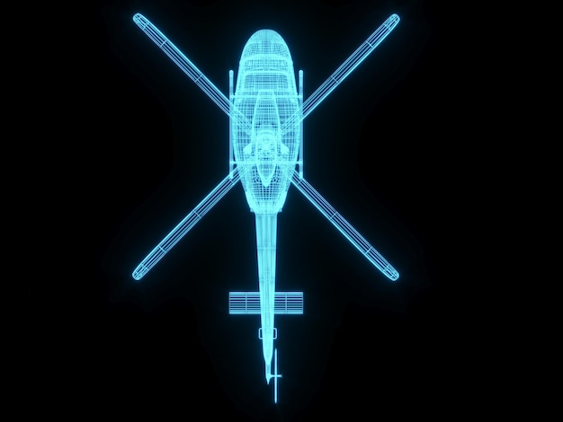 Ilustración de representación 3D Plano de helicóptero holograma de neón brillante tecnología de espectáculo futurista