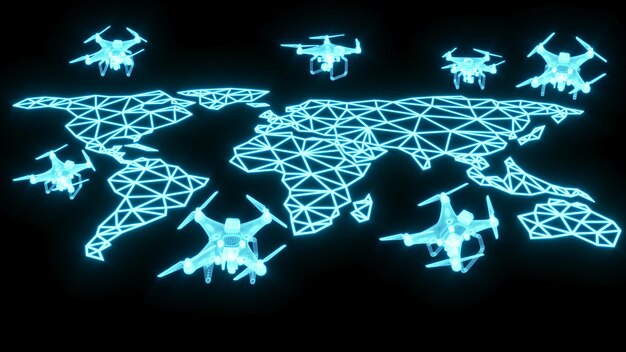 Ilustración de representación 3D Polígono de mapa mundial con luz de neón brillante Drone para un futuro producto premium