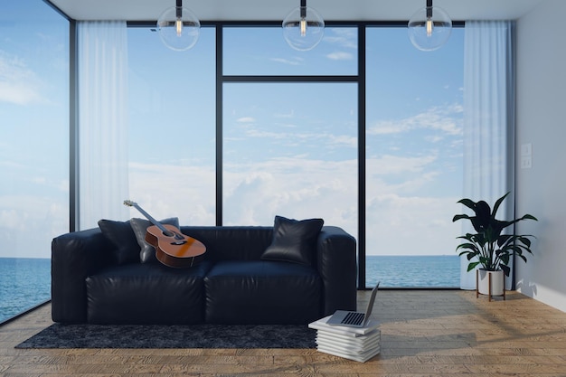 Ilustración de representación 3D de un sofá suave en una amplia ventana con vistas a la sala de estar interior con vista al mar, sala de estar moderna, blanca y fácil y acogedora, área de descanso de la guitarra familiar para relajarse