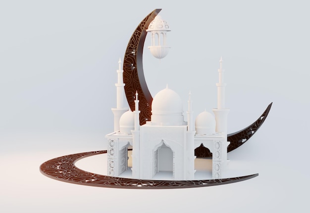 Ilustración de la representación animada 3D de la mezquita del podio y la característica de la luna creciente del Islam musulmán