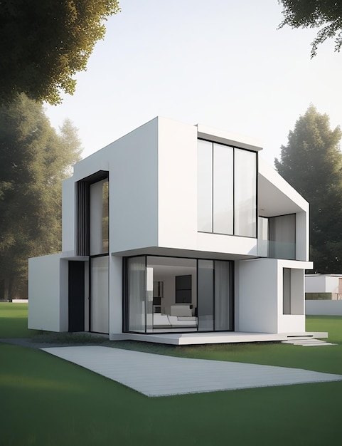 Ilustración de representación arquitectónica 3D de una casa moderna mínima