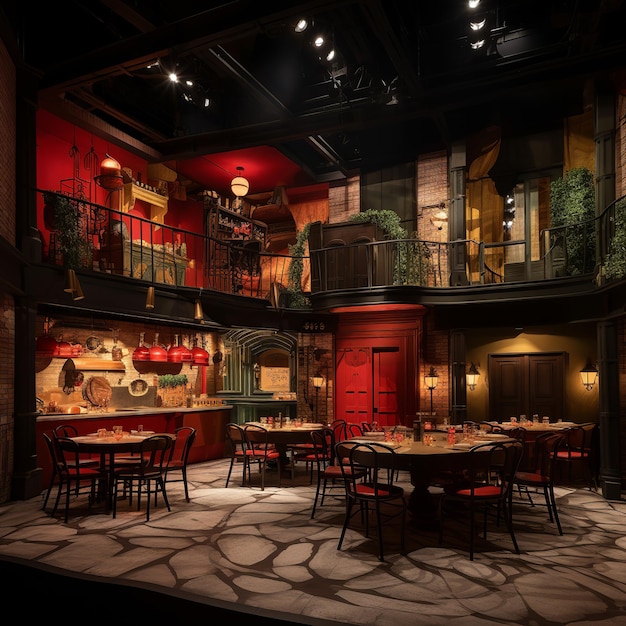 Ilustración de un restaurante con un escenario y un escenario realista.