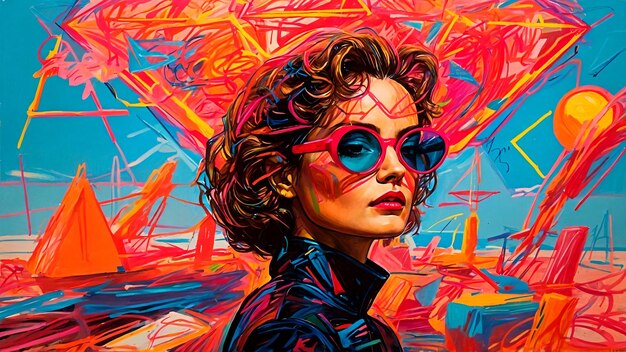 Ilustración de retrato abstract colorido de una mujer con gafas