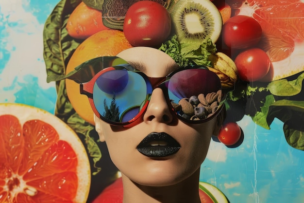 Ilustración de retrato de collage de frutas tropicales artísticas abstractas