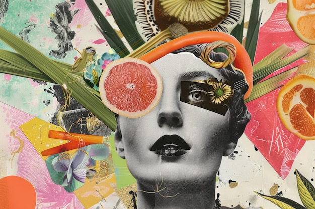 Ilustración de retrato de collage de frutas tropicales artísticas abstractas