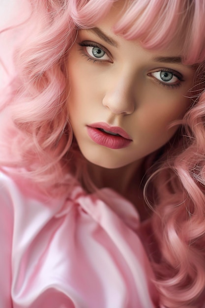 Ilustración de retrato generativo de IA de una hermosa barbie rubia vestida de rosa