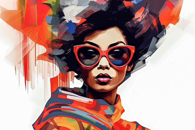 Ilustración de retrato generativo de IA de una hermosa niña negra rodeada de colores Estilo de ilustración de moda