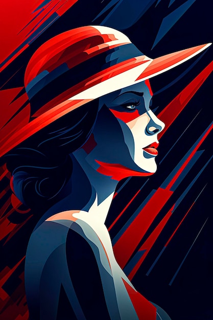 Ilustración de retrato generativo de IA de una mujer hermosa y sofisticada con sombrero vestida de alta costura