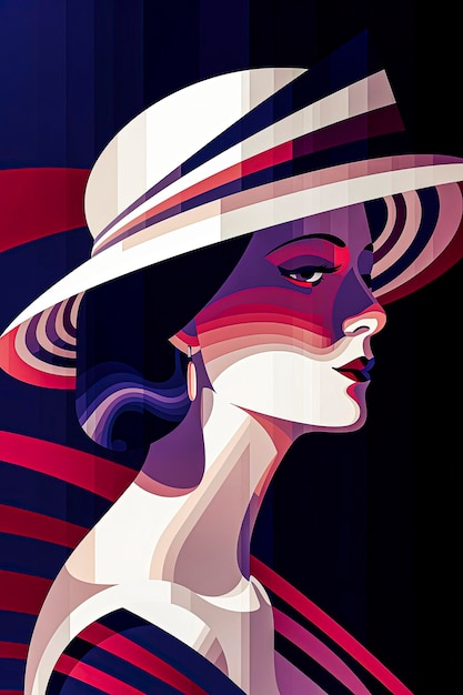 Ilustración de retrato generativo de IA de una mujer hermosa y sofisticada con sombrero vestida de alta costura