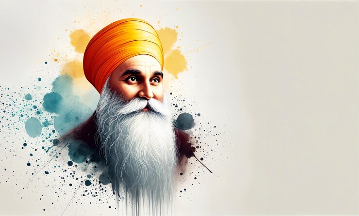 Foto ilustración del retrato de guru nanak con salpicaduras de pintura