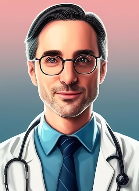 Ilustración de un retrato de un médico amistoso con un estetoscopio mirando a la cámara