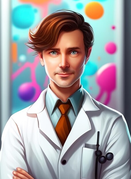 Ilustración de un retrato de un médico amistoso con un estetoscopio mirando a la cámara
