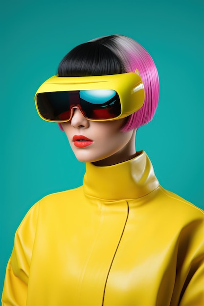 Ilustración de un retrato de moda con un auricular de realidad virtual creado como una obra de arte generativa utilizando IA