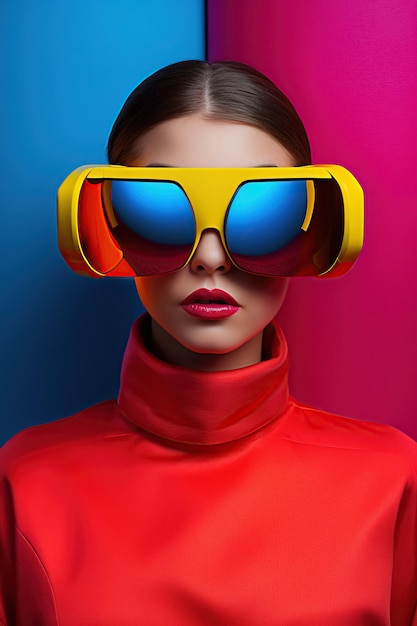 Ilustración de un retrato de moda con un casco de realidad virtual VR creado como una obra de arte generativa utilizando IA