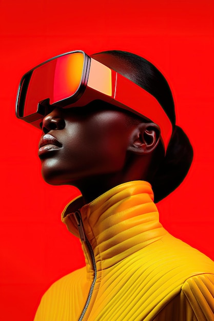 Ilustración de un retrato de moda con un casco de realidad virtual VR creado como una obra de arte generativa utilizando IA