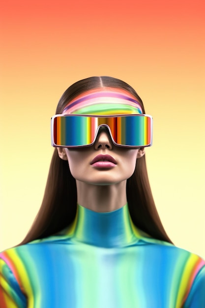 Ilustración de un retrato de moda con un casco de realidad virtual VR creado como una obra de arte generativa utilizando IA